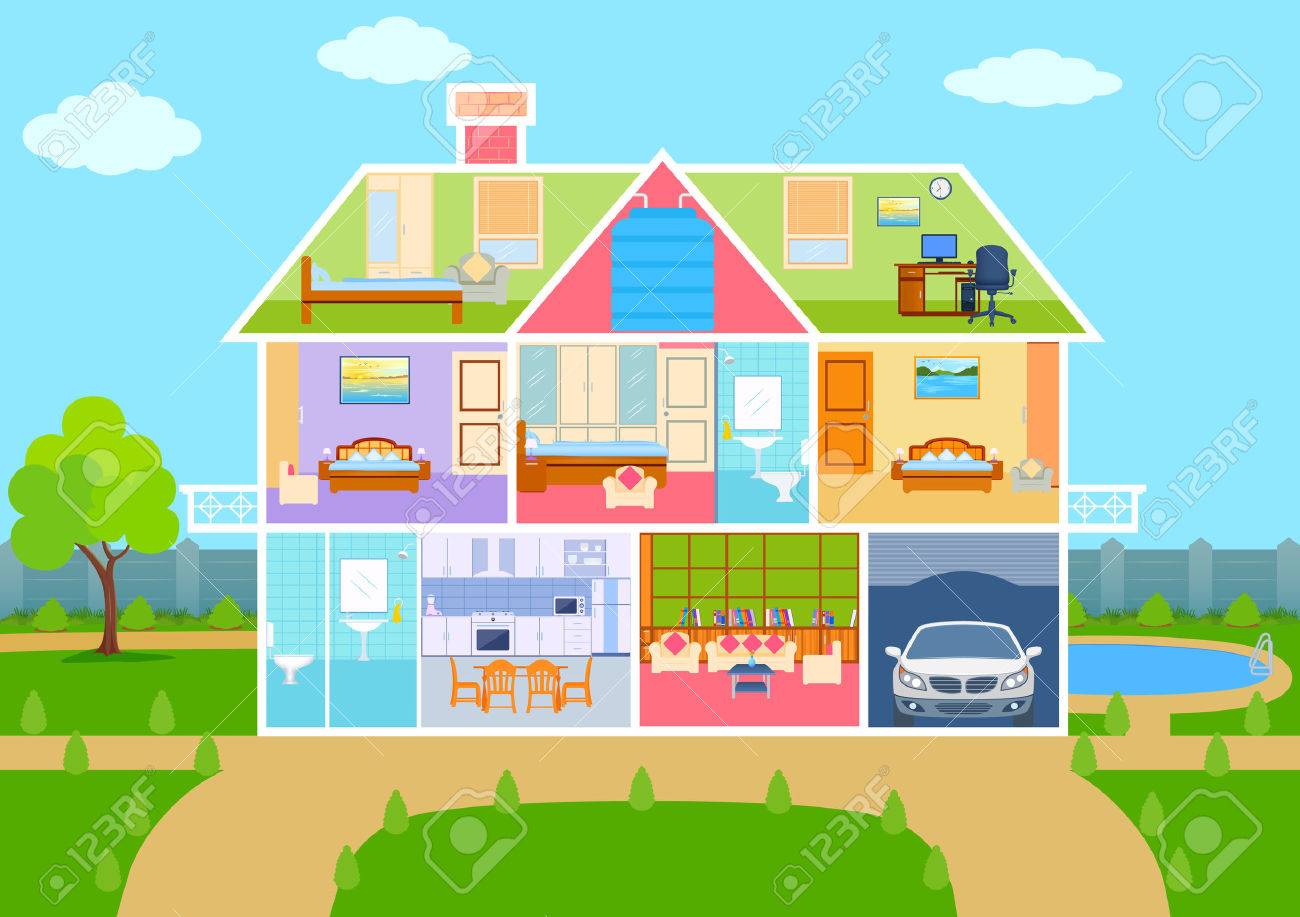 illustration of House in cut view with detailed interior and furniture - 56479962 illustration of House in cut view with detailed interior and furniture - 56479962