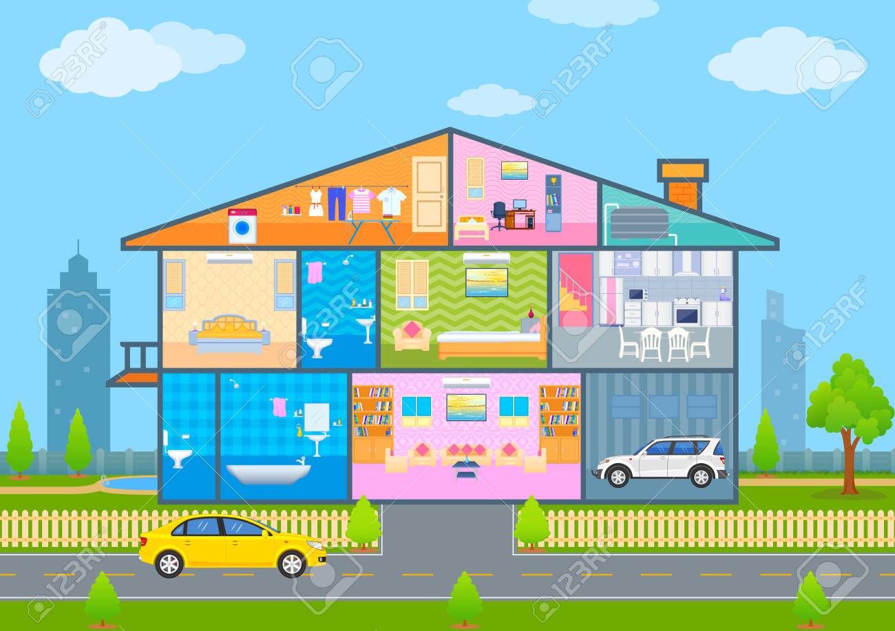 Vector Illustration Of House In Cut View With Detailed Interior And  Furniture Royalty Free SVG, Cliparts, Vectors, and Stock Illustration.  Image 58409745., image size:1300x917