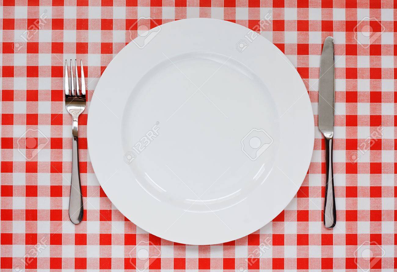 Empty Plate Setting With Plate, Knife And Fork On Red Gingham ... Empty Plate Setting With Plate, Knife And Fork On Red Gingham ...