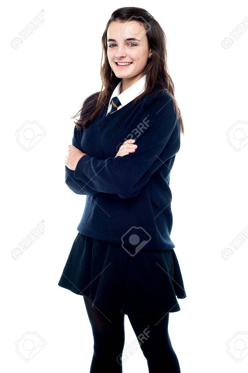 スナップ写真　女子 制服を着て陽気な女子高生のスナップショット。白い背景の上にすべての写真素材・画像素材 Image 15710596