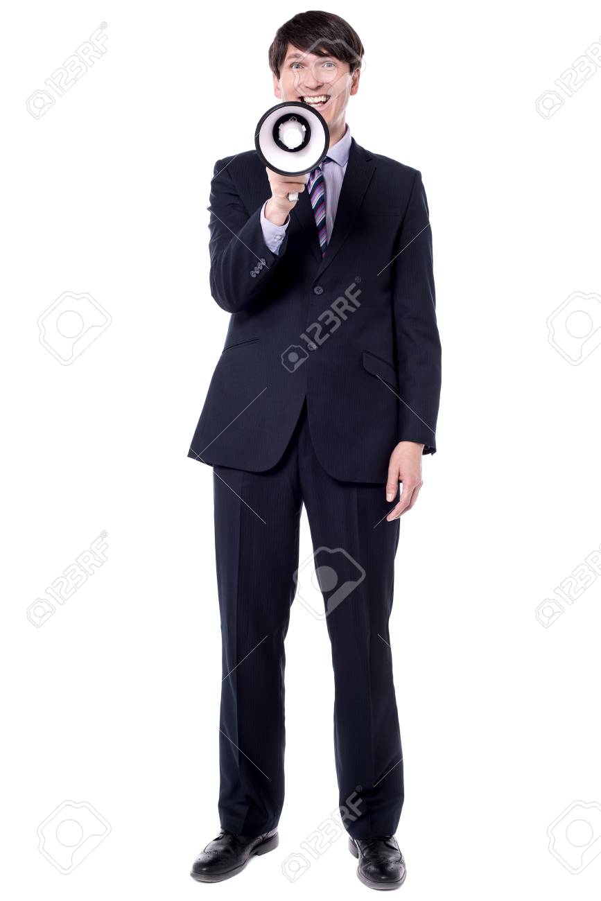 Full length image of businessman making announcement. - 60379377 Full length image of businessman making announcement. - 60379377
