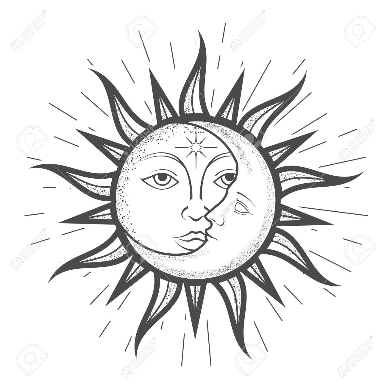 Crescent Moon Inside Sun With A Face, Magical Astrology And Celestial  Alchemy, Zodiac Sign, Tarot, Device Of The Universe, Esoteric Symbol,  Vector Royalty Free SVG, Cliparts, Vectors, and Stock Illustration. Image  183262017., image size:1300x1300