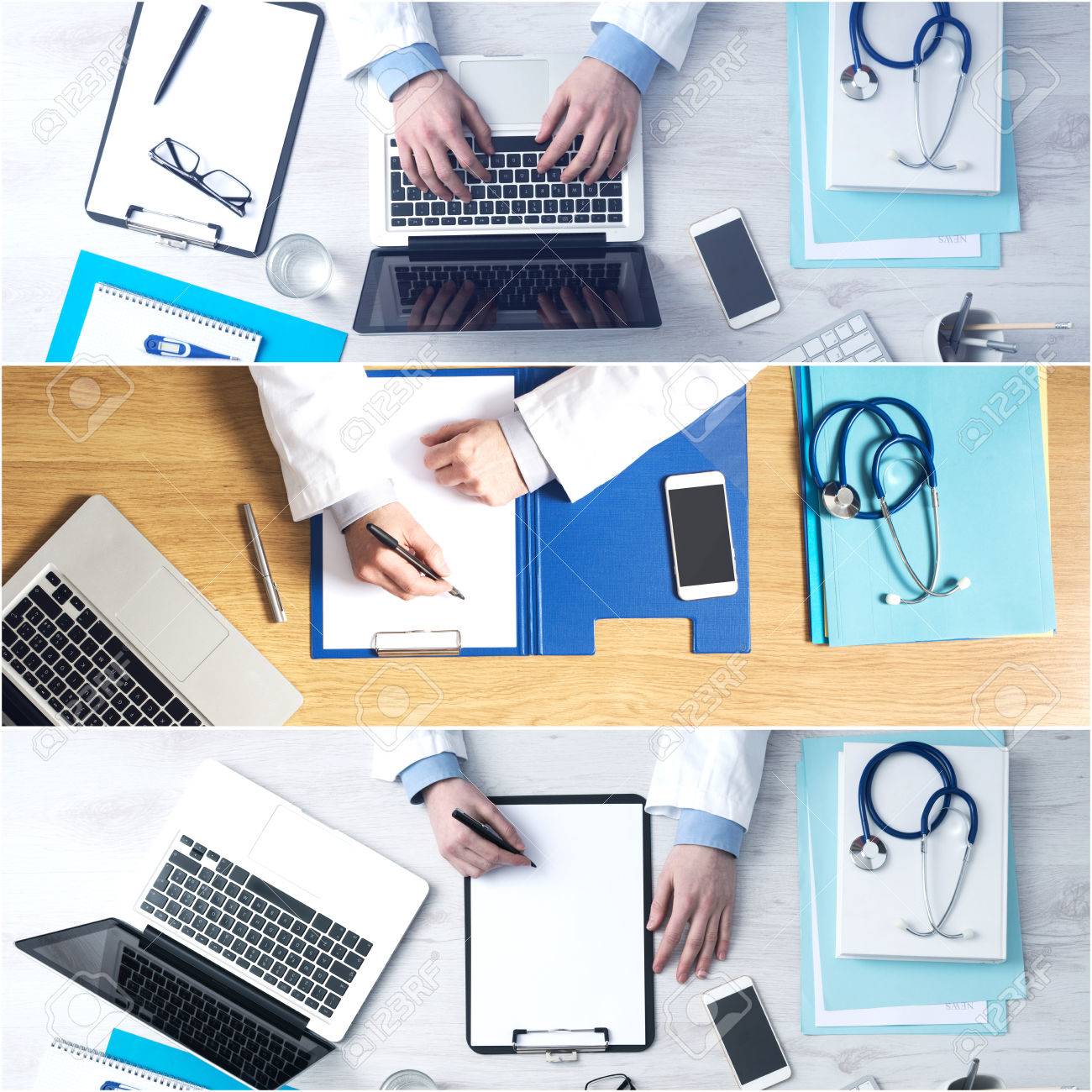 doctor sitting at office desk top view medical collage of pictures office collage