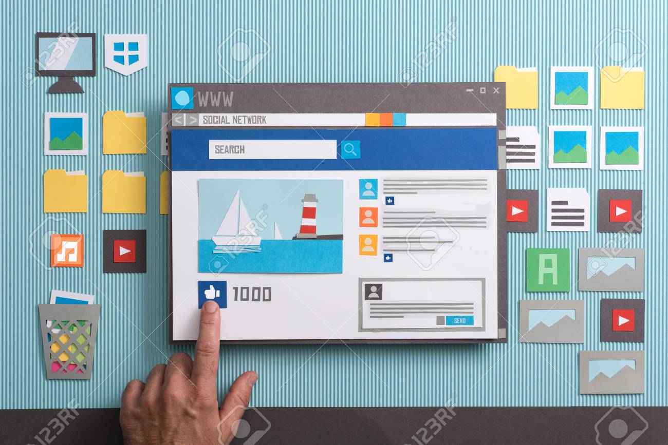 Social media post with comments in a browser window, a user is pressing the like button: social networks and community concept, collage and paper cut composition - 85506456 Social media post with comments in a browser window, a user is pressing the like button: social networks and community concept, collage and paper cut composition - 85506456