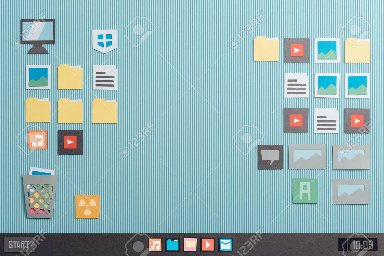 コンピューター アイコン 起動バーのアプリとデスクトップ インターフェイス紙のカット コラージュの組成 の写真素材 画像素材 Image
