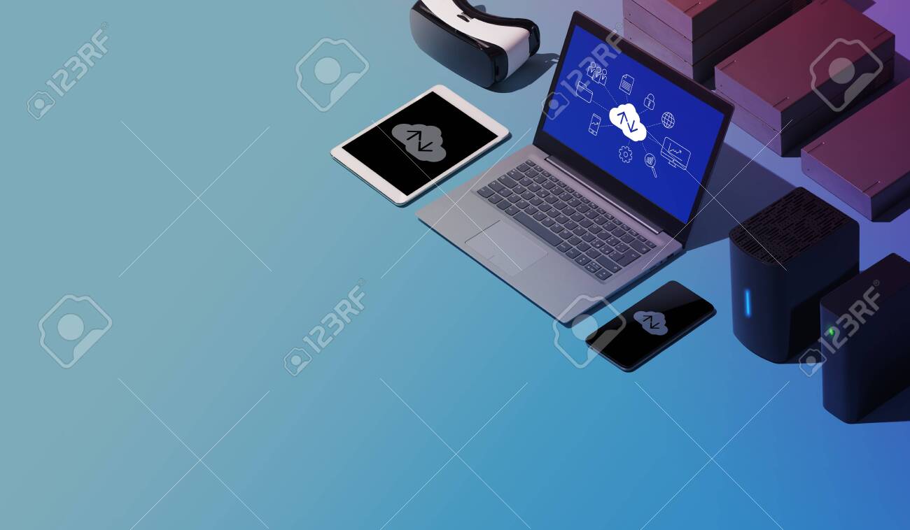 Cloud computing, data transmission, storage and backup concept: isometric computer, servers and hard disks, blank copy space - 121504037 Cloud computing, data transmission, storage and backup concept: isometric computer, servers and hard disks, blank copy space - 121504037