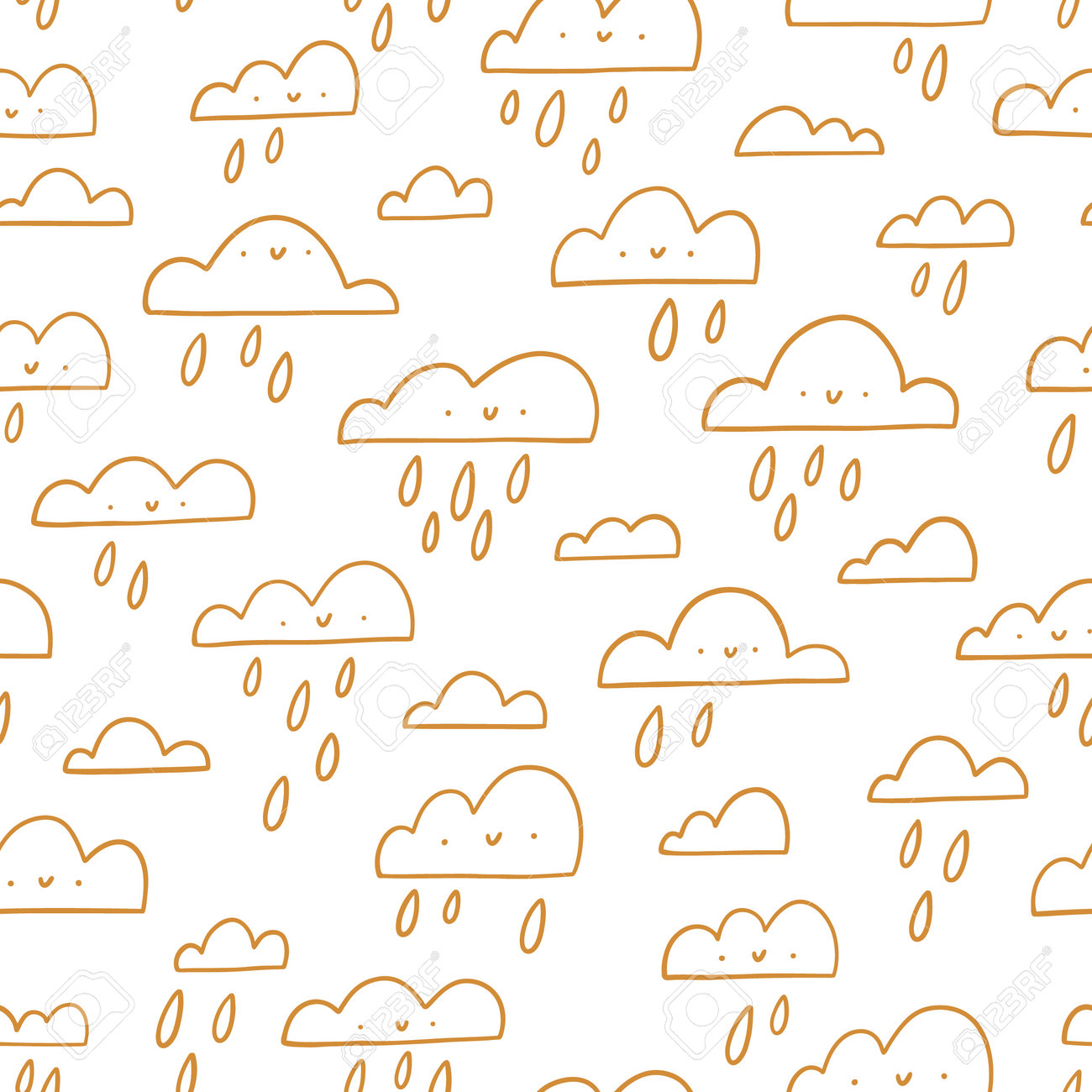 Golden outline happy clouds, rainy weather, vector seamless pattern illustration - 161289746 Golden outline happy clouds, rainy weather, vector seamless pattern illustration - 161289746