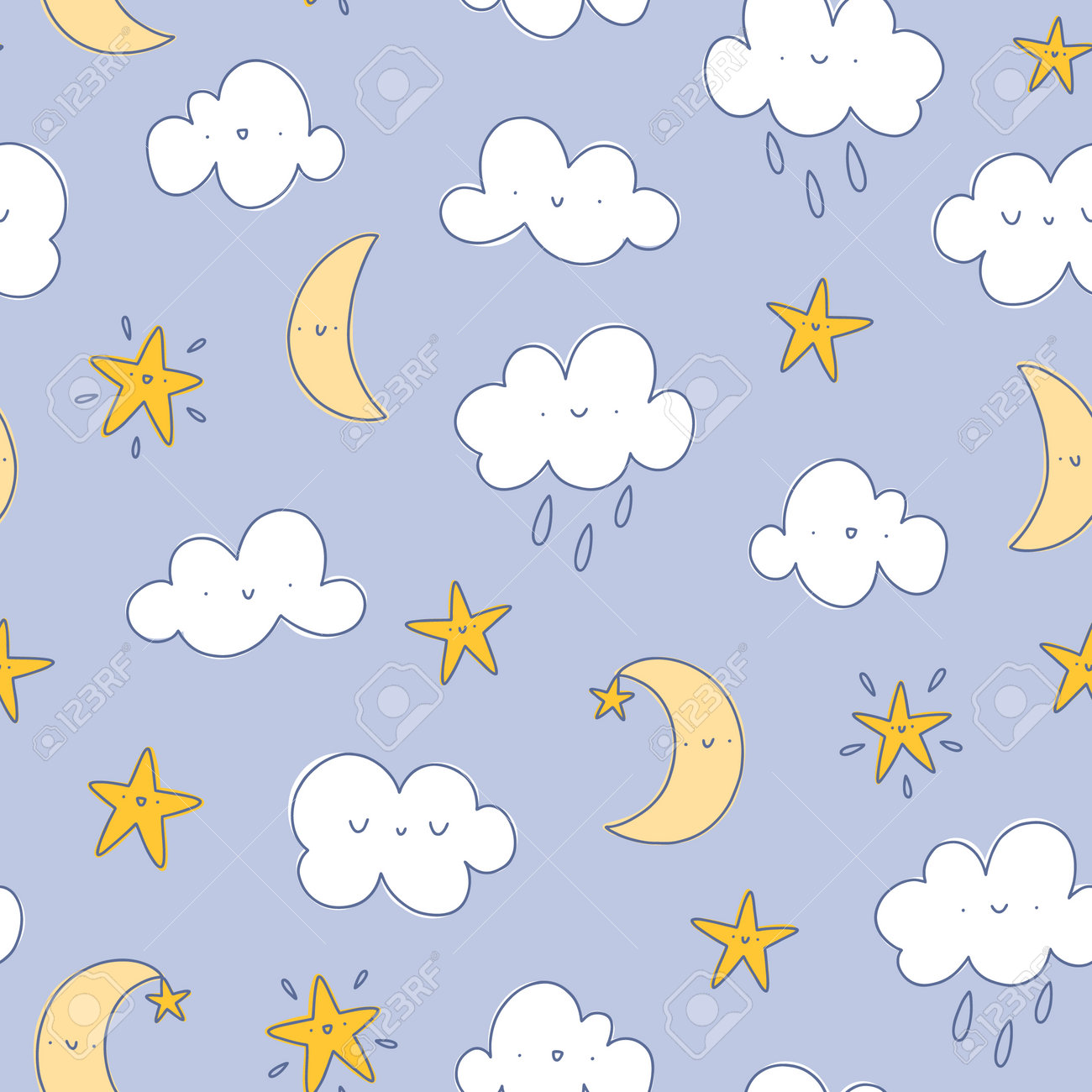 Happy cartoon clouds with raindrops, moon and stars, vector seamless pattern, nursery background - 161289748 Happy cartoon clouds with raindrops, moon and stars, vector seamless pattern, nursery background - 161289748