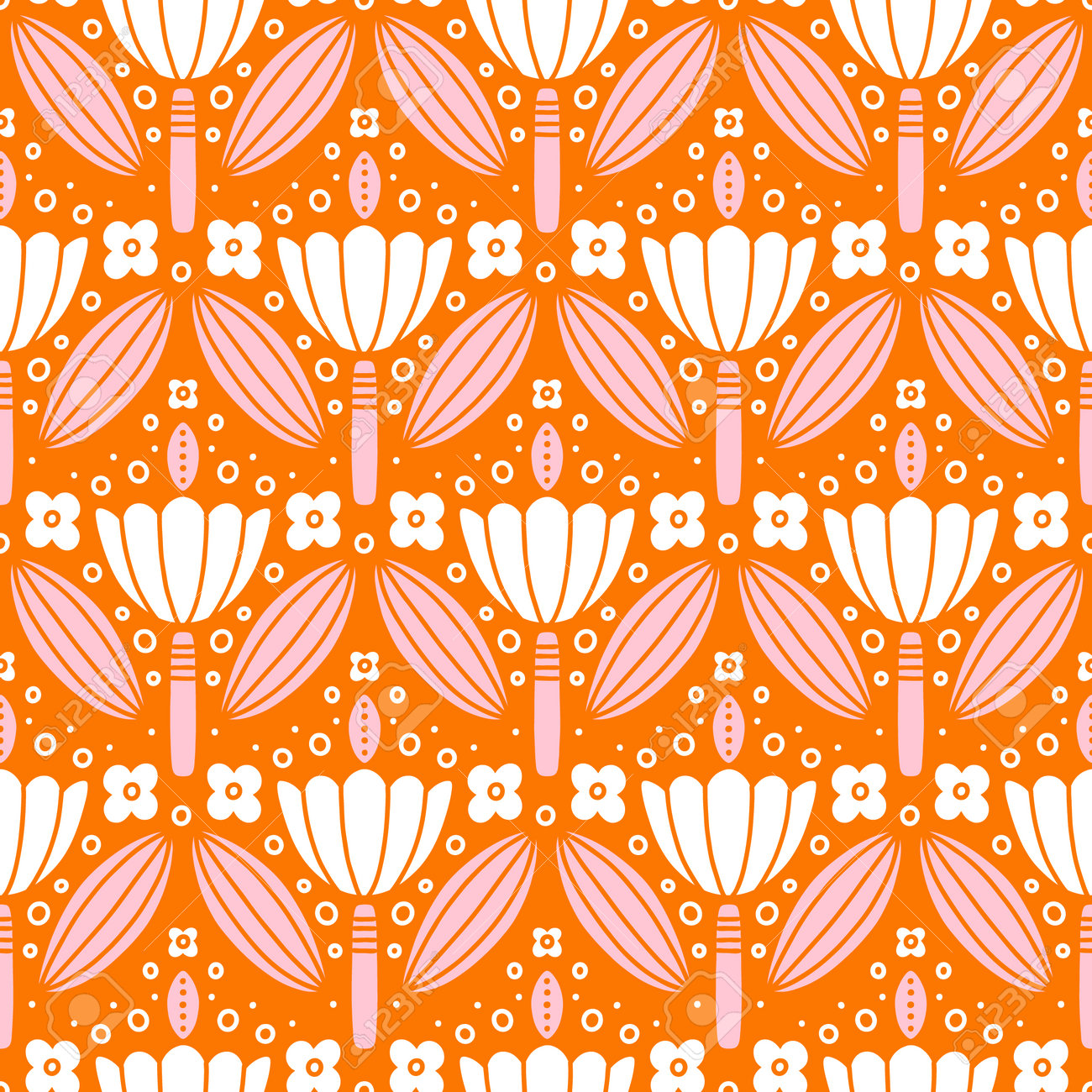 Pink and white flowers symmetric ornament, folk motives, vector seamless pattern - 162599335 Pink and white flowers symmetric ornament, folk motives, vector seamless pattern - 162599335