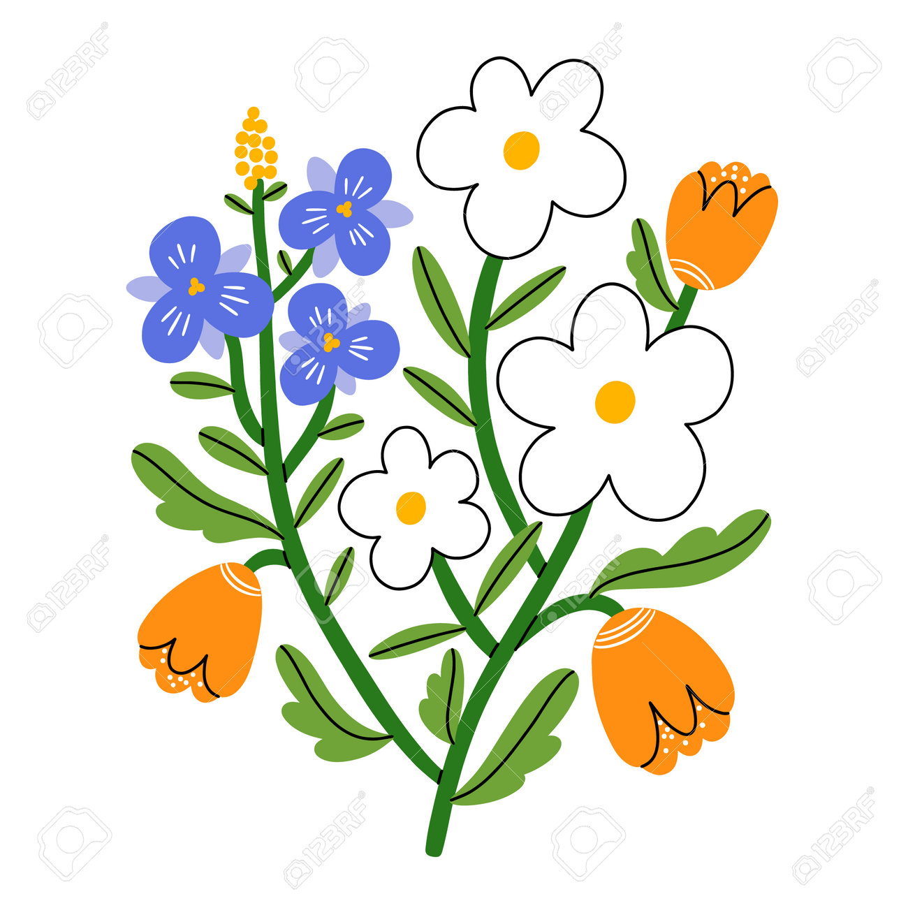 Violet pansy, daisy and tulip flower bouquet, vector illustration, isolated on white background - 162389499 Violet pansy, daisy and tulip flower bouquet, vector illustration, isolated on white background - 162389499
