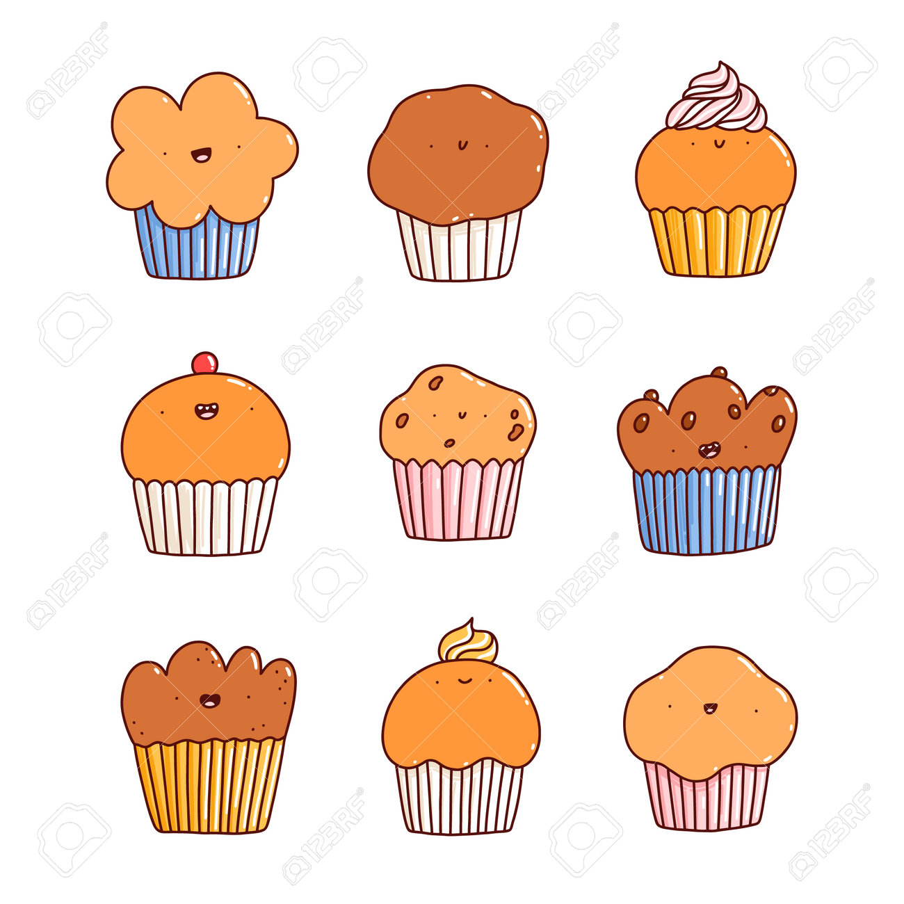 Cartoon cupcakes and muffins cute characters vector set, isolated on white background - 162389503 Cartoon cupcakes and muffins cute characters vector set, isolated on white background - 162389503