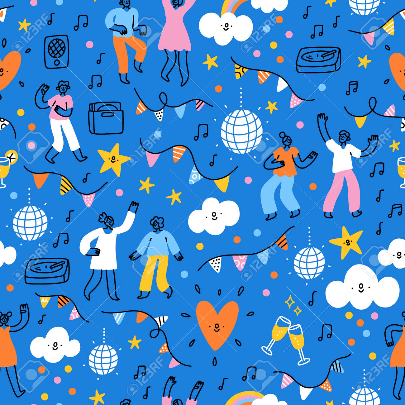 Dance party, bunting decorations, music playing, people dancing and celebrating, vector seamless pattern - 163338179 Dance party, bunting decorations, music playing, people dancing and celebrating, vector seamless pattern - 163338179