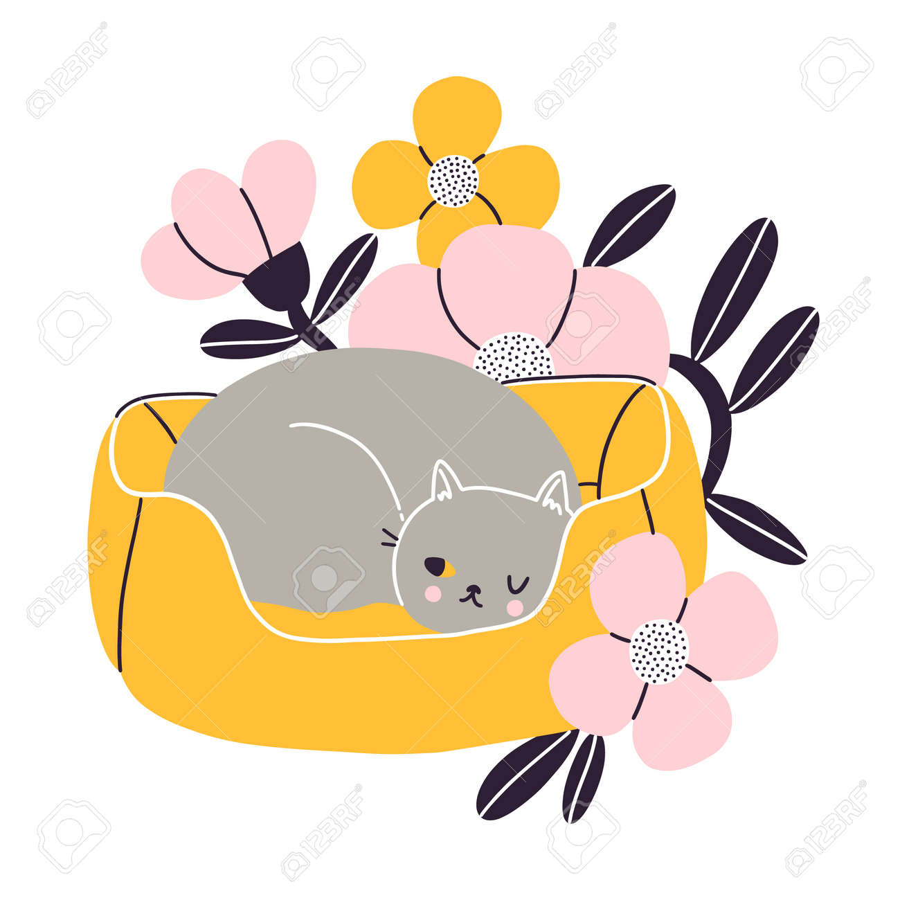 Cat nap corner, gray British cat sleeping in her pet bed with flowers, vector illustration isolated on white background - 163338188 Cat nap corner, gray British cat sleeping in her pet bed with flowers, vector illustration isolated on white background - 163338188