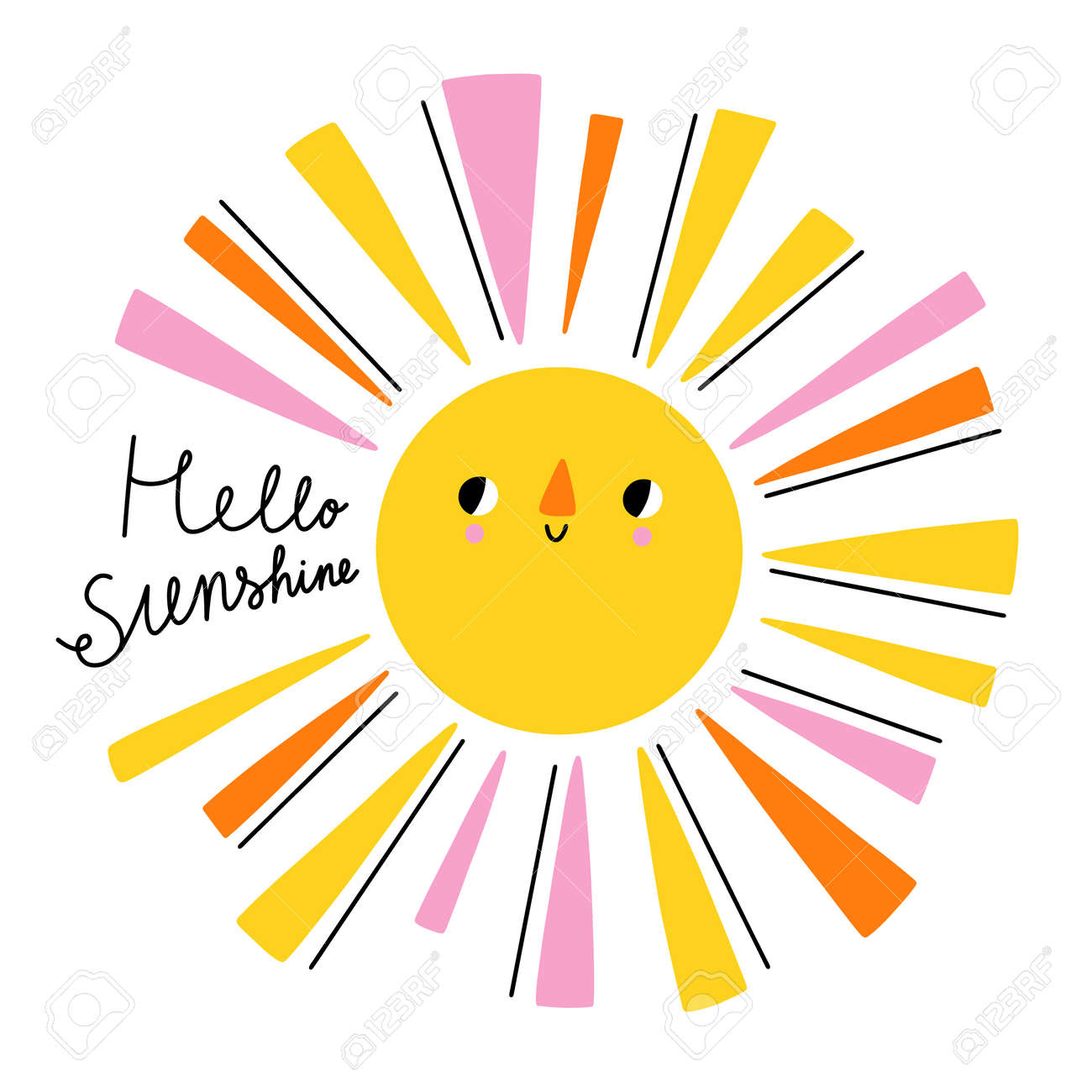 Hello sunshine hand drawn lettering, cartoon sun character with colorful sunbeams, vector illustration isolated on white - 163805588 Hello sunshine hand drawn lettering, cartoon sun character with colorful sunbeams, vector illustration isolated on white - 163805588