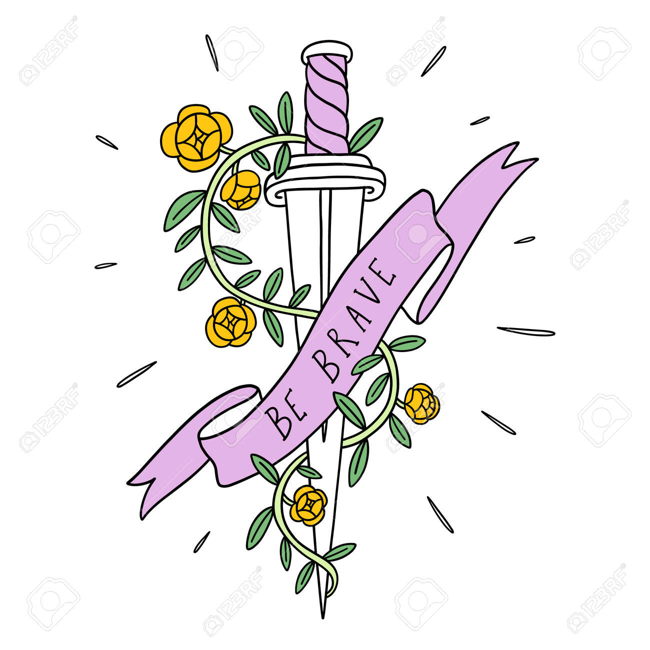 Sword, roses and ribbon with be brave lettering, isolated vector illustration - 164565485 Sword, roses and ribbon with be brave lettering, isolated vector illustration - 164565485