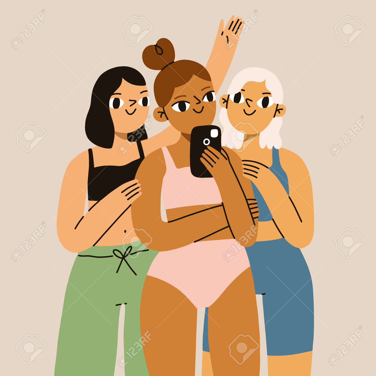 Best friends pajama party, tree girls doing a selfie, cartoon vector illustration - 165916544 Best friends pajama party, tree girls doing a selfie, cartoon vector illustration - 165916544