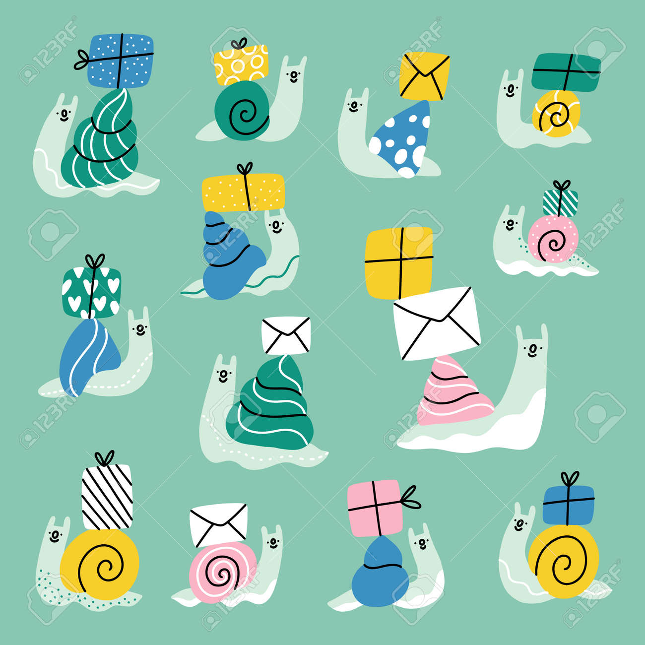 Cute cartoon snails with mail envelopes and present boxes, vector illustrations collection - 165916612 Cute cartoon snails with mail envelopes and present boxes, vector illustrations collection - 165916612