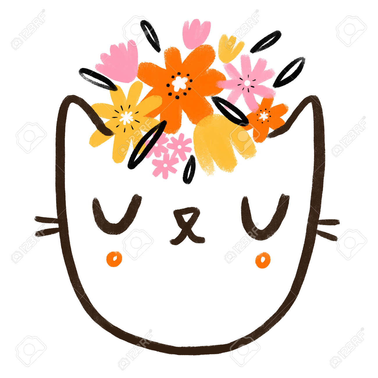 Kitty face with wild flowers, abstract cute cartoon doodle illustration, isolated on white background - 166198646 Kitty face with wild flowers, abstract cute cartoon doodle illustration, isolated on white background - 166198646
