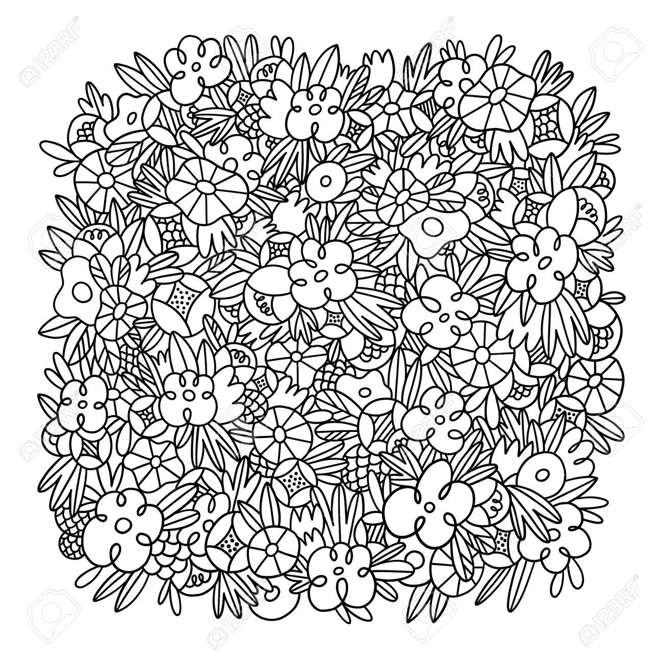 Wild flowers and grass vector square background template, crazy black and white outlined floral doodles, isolated on white background - 167089788 Wild flowers and grass vector square background template, crazy black and white outlined floral doodles, isolated on white background - 167089788