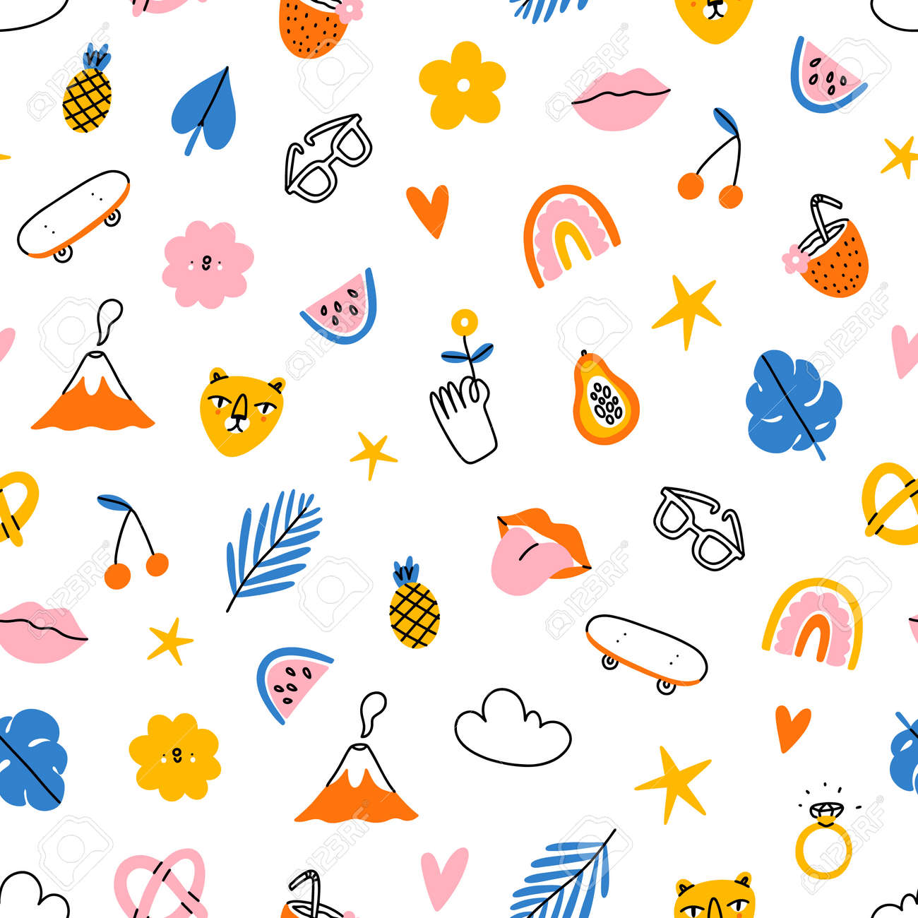 Funky and tropical summer, colorful hipster clip art, vector seamless pattern - 170268193 Funky and tropical summer, colorful hipster clip art, vector seamless pattern - 170268193