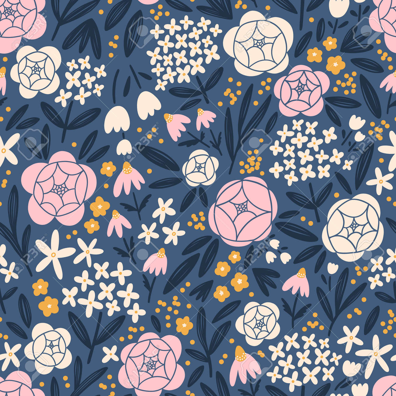 Hydrangeas, roses and other beautiful flowers bloom, vector seamless pattern - 170268194 Hydrangeas, roses and other beautiful flowers bloom, vector seamless pattern - 170268194