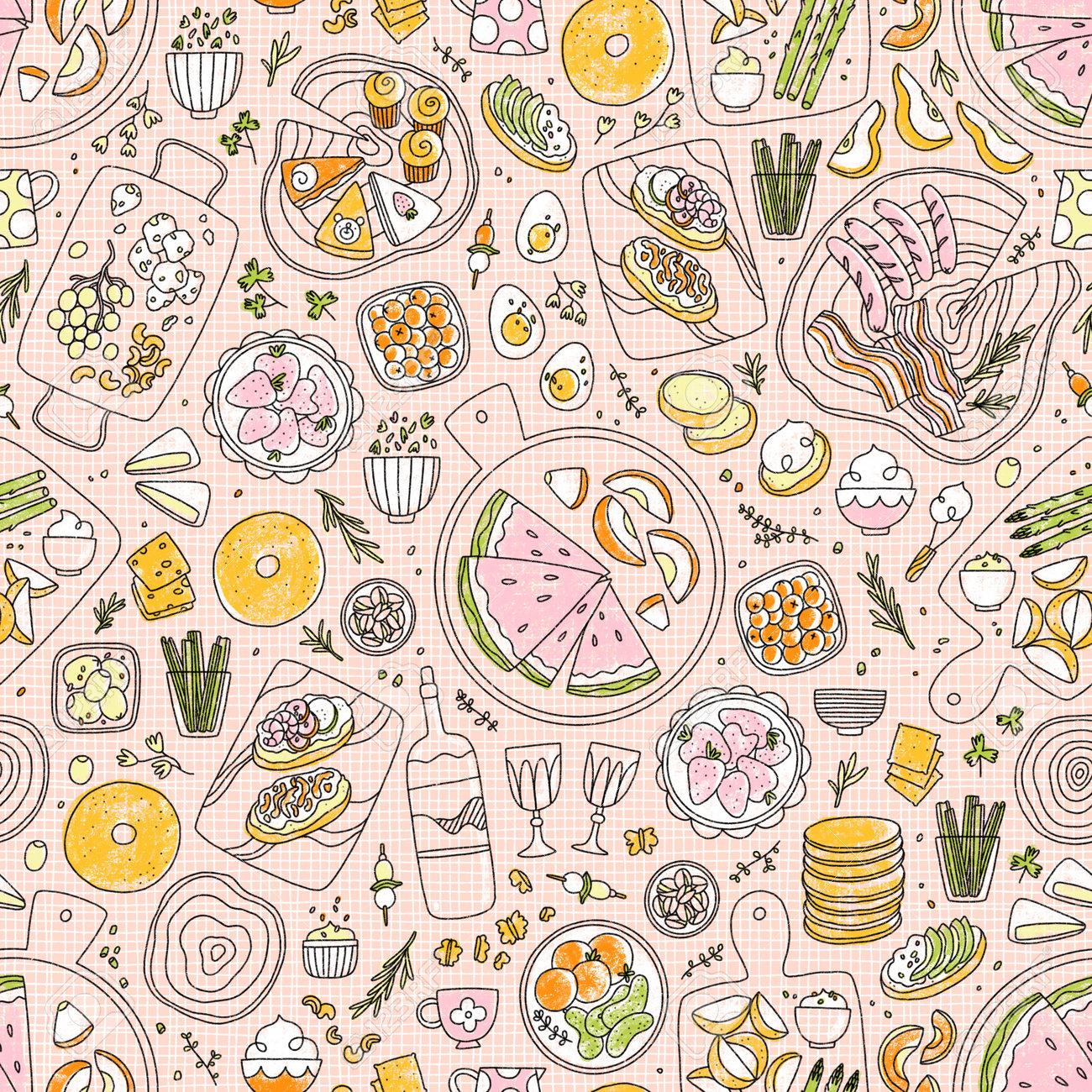 Modern charcuterie table with fruits, vegetables, different kinds of cheese, seamless pattern illustration, line art - 170268201 Modern charcuterie table with fruits, vegetables, different kinds of cheese, seamless pattern illustration, line art - 170268201