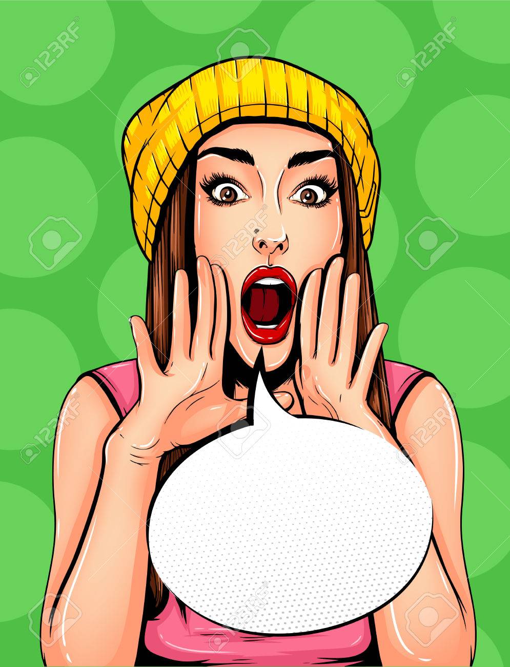 Pop Art Vintage advertising poster comic girl with speech bubble. Pretty girl announcing, telling a secret, shouting or yelling vector illustration - 68870394 Pop Art Vintage advertising poster comic girl with speech bubble. Pretty girl announcing, telling a secret, shouting or yelling vector illustration - 68870394
