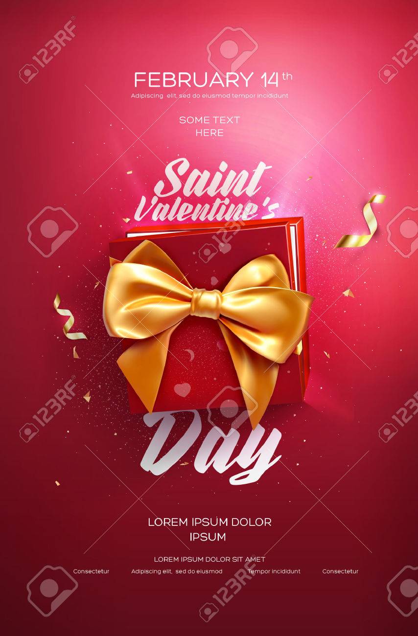 Happy Valentine's Day flyer or poster. Top view on gift box and bow with beautiful backdrop. Vector illustration - 70445995 Happy Valentine's Day flyer or poster. Top view on gift box and bow with beautiful backdrop. Vector illustration - 70445995