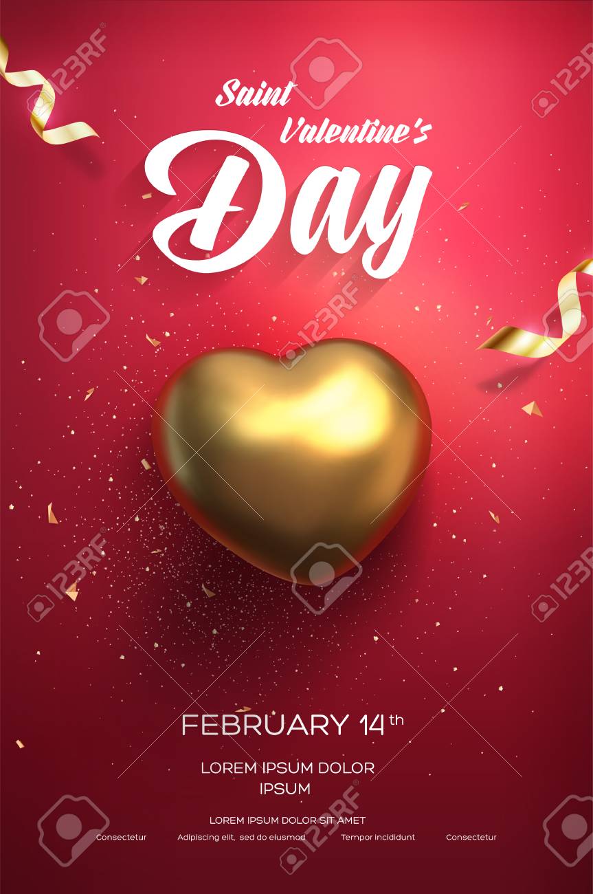 happy valentines day flyer or poster top view on golden heart valentines day flyer