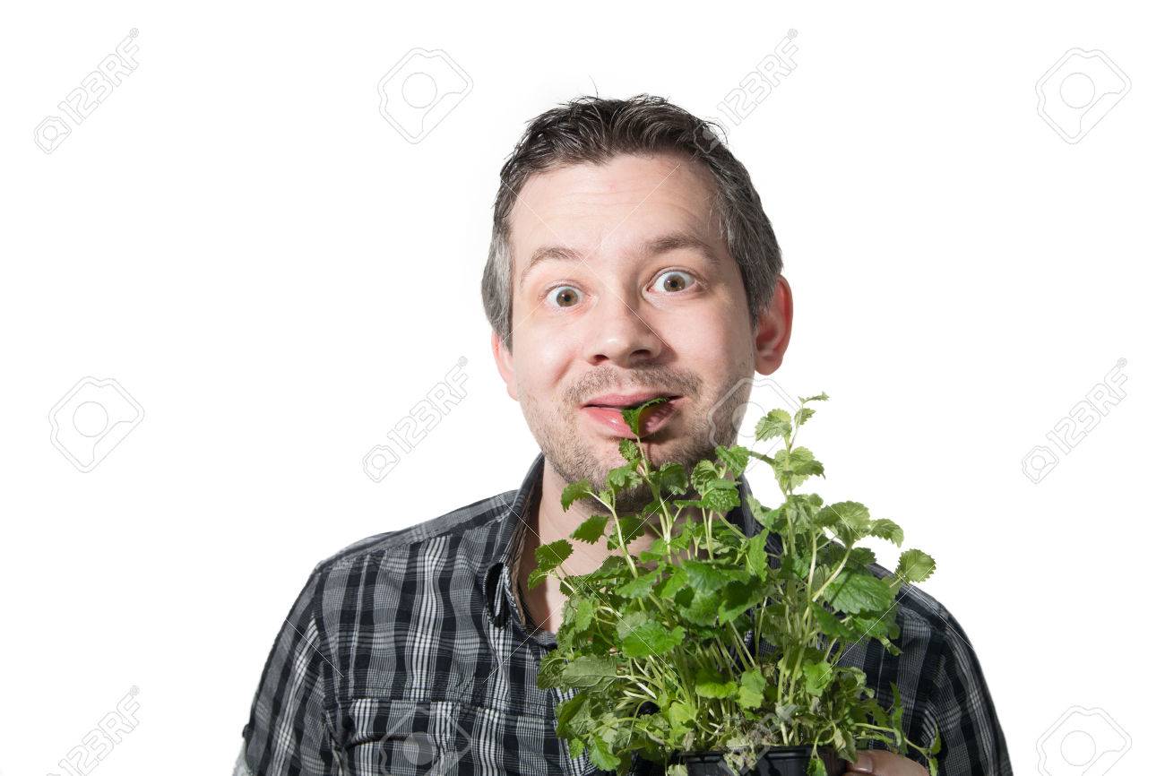 Una persona comiendo una planta de un jardín.