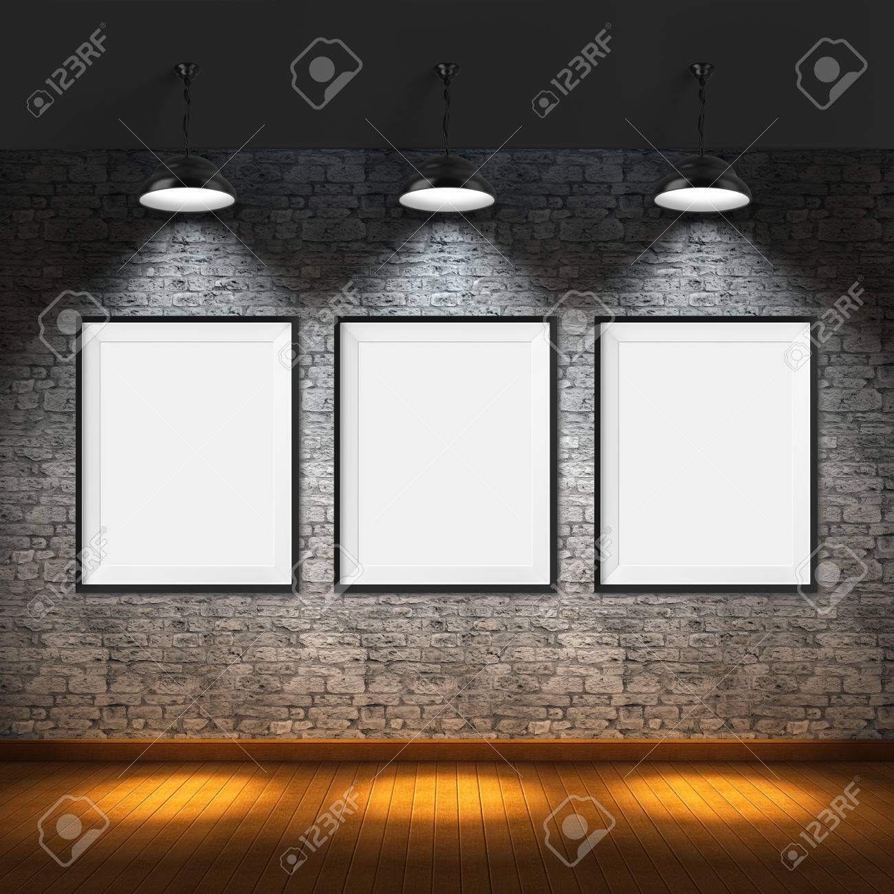 Art gallery. Blank picture frames on brick wall background.