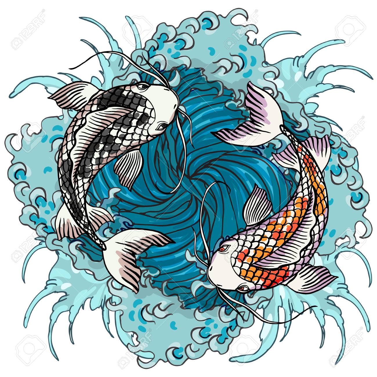 Realistic detailed hand drawn illustration of two koi carps swimming on background of water waves. Colorful graphic tattoo style image symbolising yin yang concept. T-shirt print. - 98867131 Realistic detailed hand drawn illustration of two koi carps swimming on background of water waves. Colorful graphic tattoo style image symbolising yin yang concept. T-shirt print. - 98867131