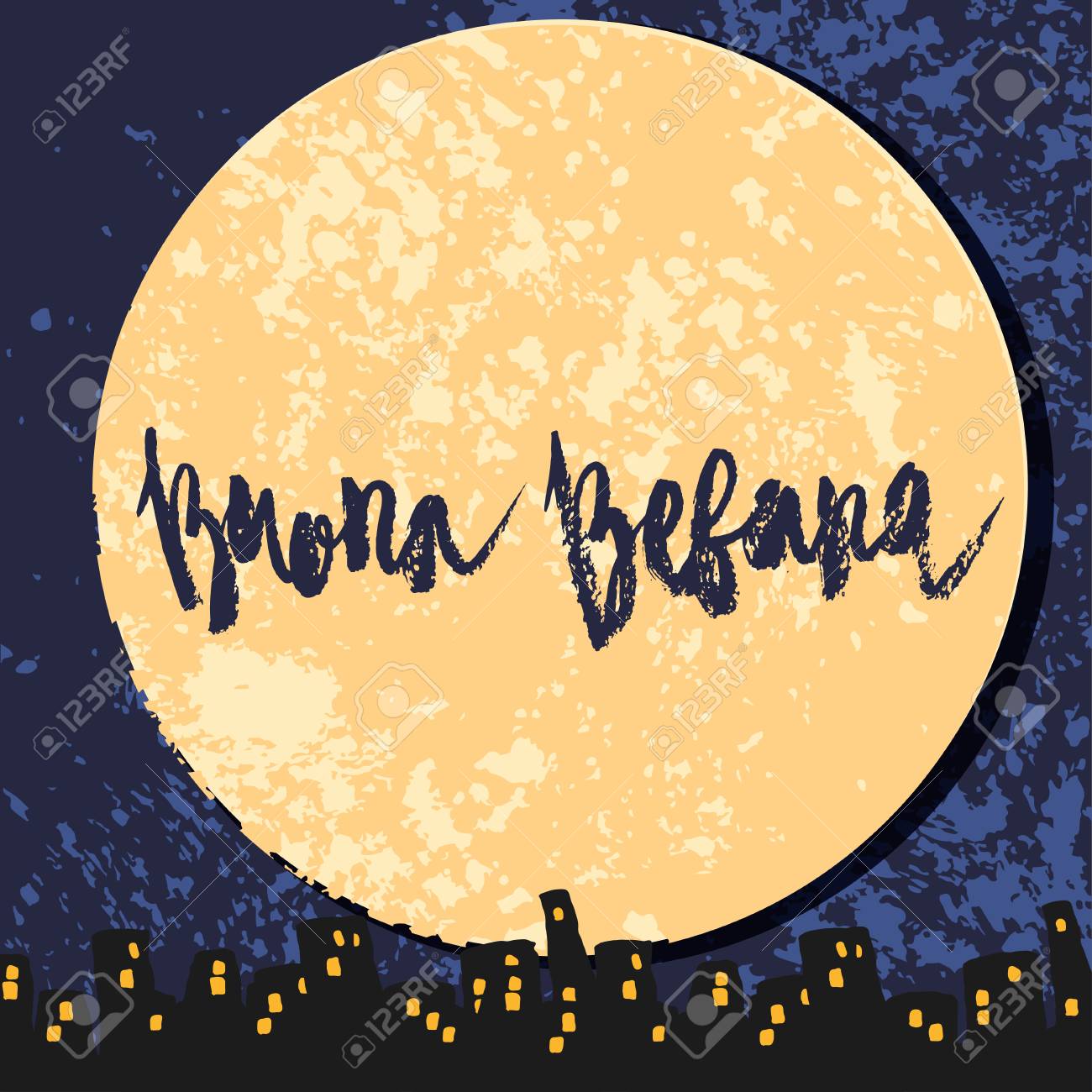 ブオナベファーナは、夜空の月を背景にしたハッピーエピファニーの手書きのレタリングフレーズを意味します。白で隔離の休日のお祝いのベクトルアート。のイラスト素材・ベクター  Image 127472035