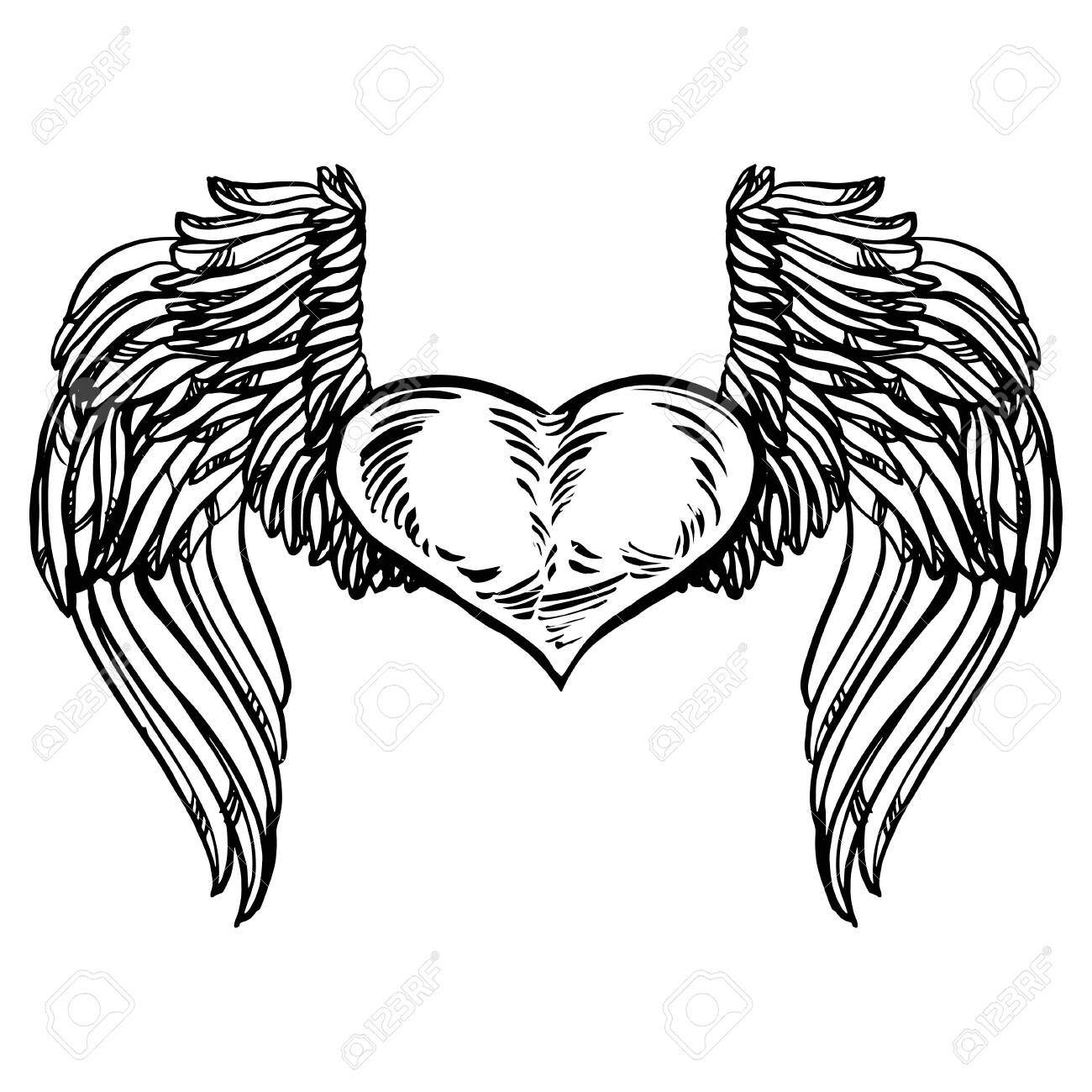 Graphic Old School Rockabilly Tattoo Style Illustration Of Stylized Flying  Heart With Angel Wings. Realistic Detailed Hand Drawn Art Of Love Symbol.  Design For T-shirt, Clothes, Card Print. Royalty Free SVG, Cliparts,, image size:1300x1300
