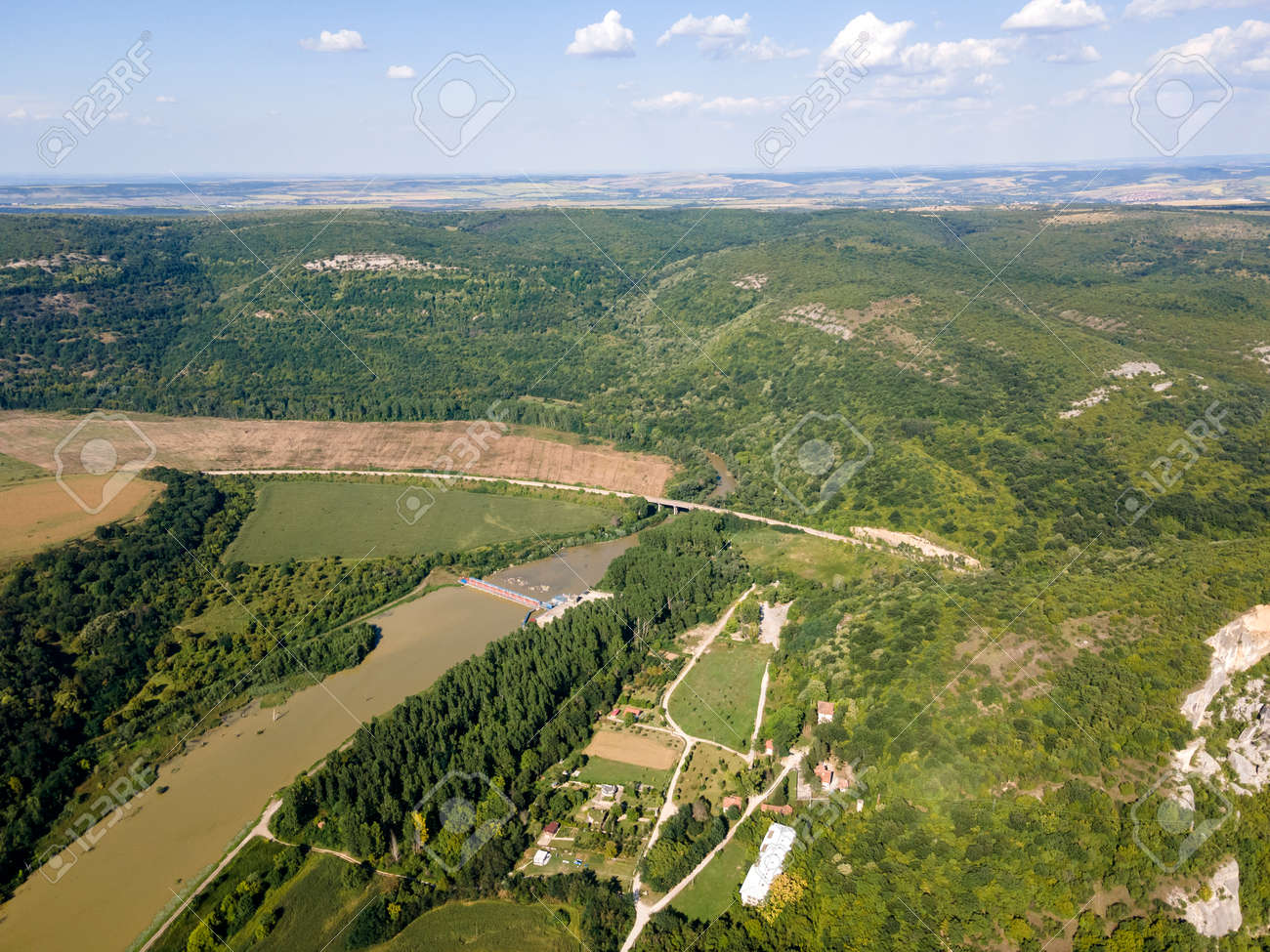 Aerial view of Iskar river, passing near village of Karlukovo, Balkan Mountains, Bulgaria - 157828711 Aerial view of Iskar river, passing near village of Karlukovo, Balkan Mountains, Bulgaria - 157828711