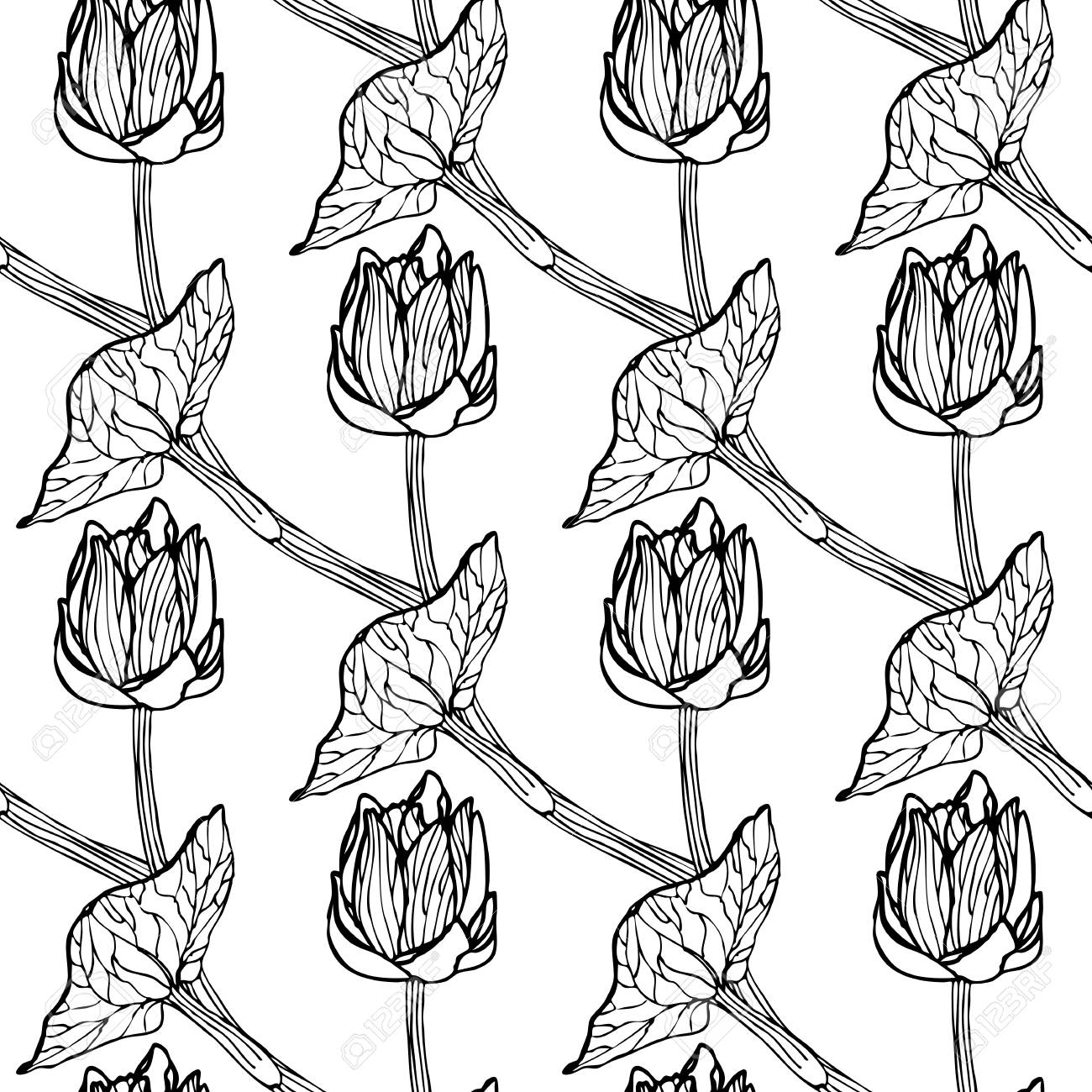 Seamless Floral Pattern Of Spring Flowers Vector Illustration For Continuous Replication Monochrome Stock