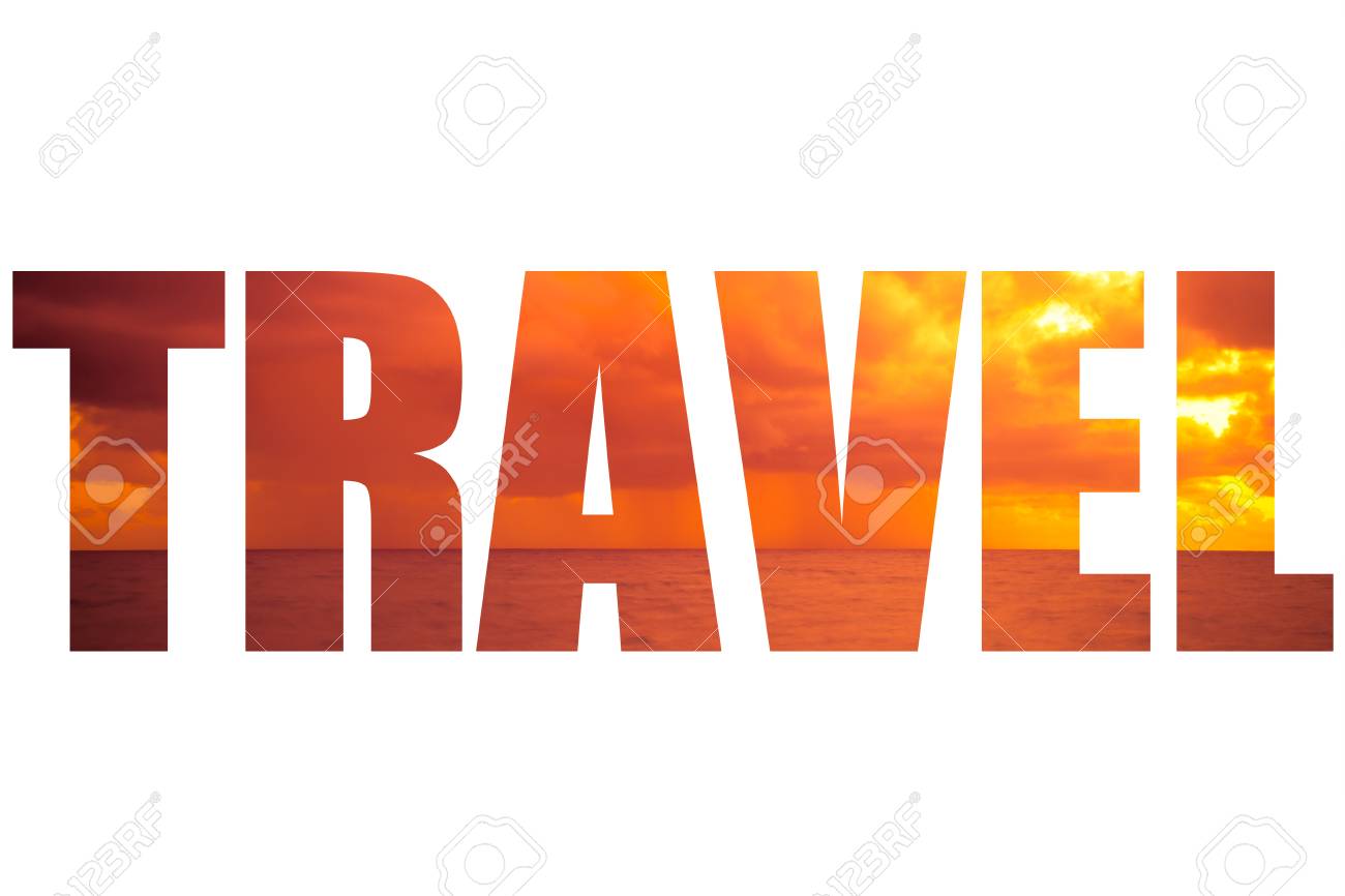 word travel over sunset seascape with rain above the sea stock