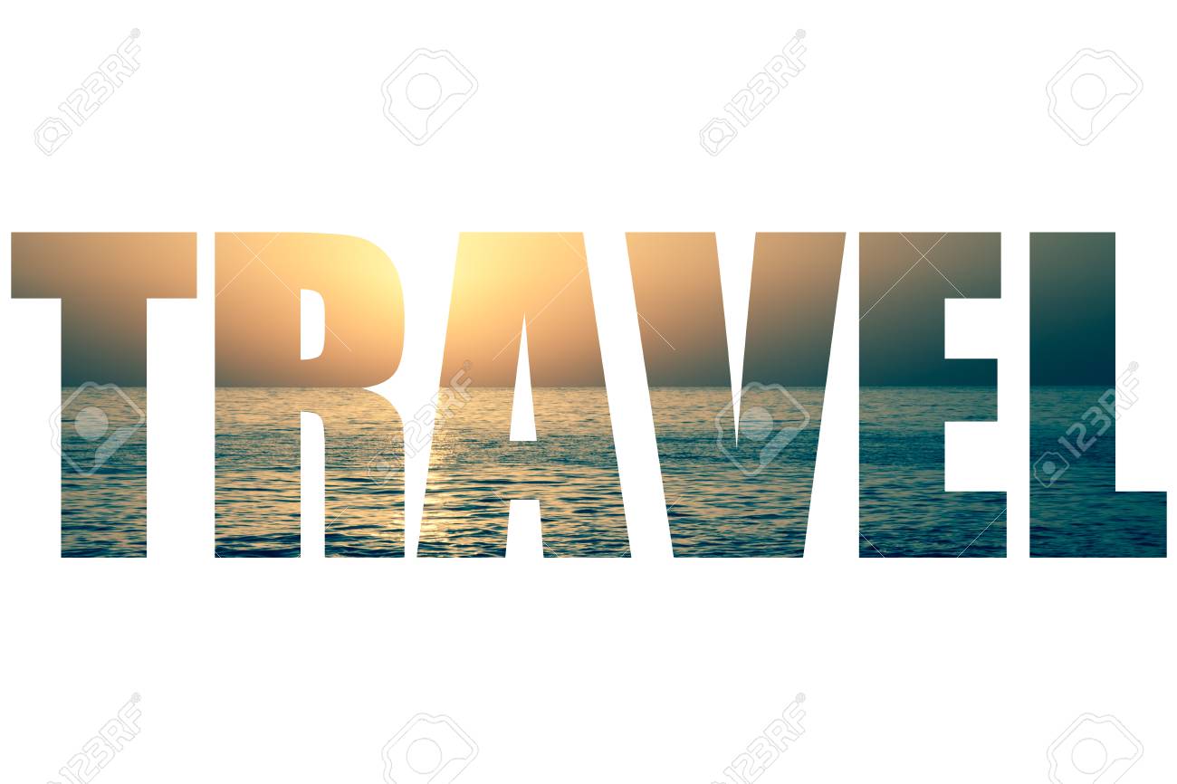 word travel over the sun setting over the horizon stock photo