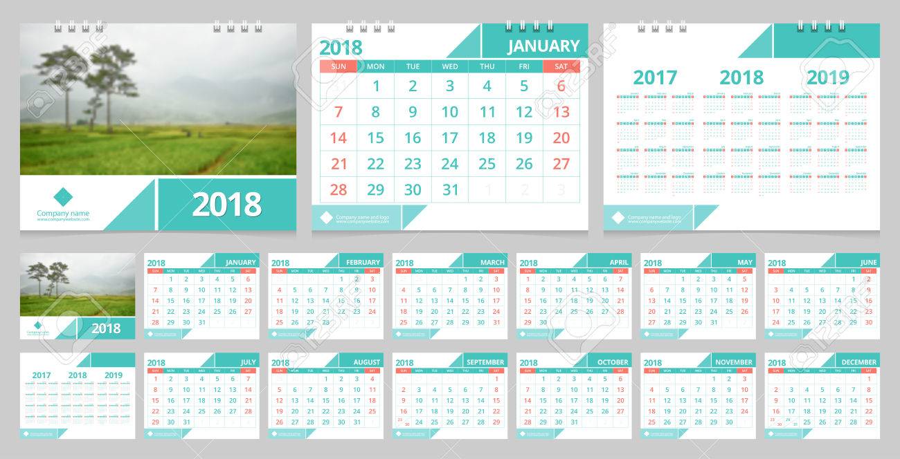 calendar 2018 week start on sunday desk calendar for corporate business design green concept color