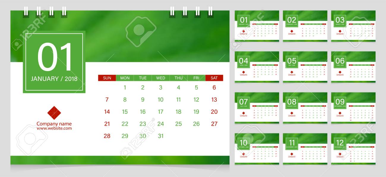calendar 2018 week start on sunday corporate business luxury design layout template vector green leaf