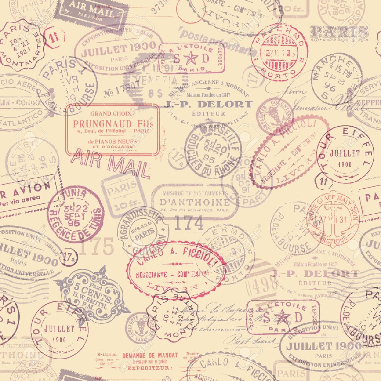 postage themed background with vintage stamps tiling royalty free