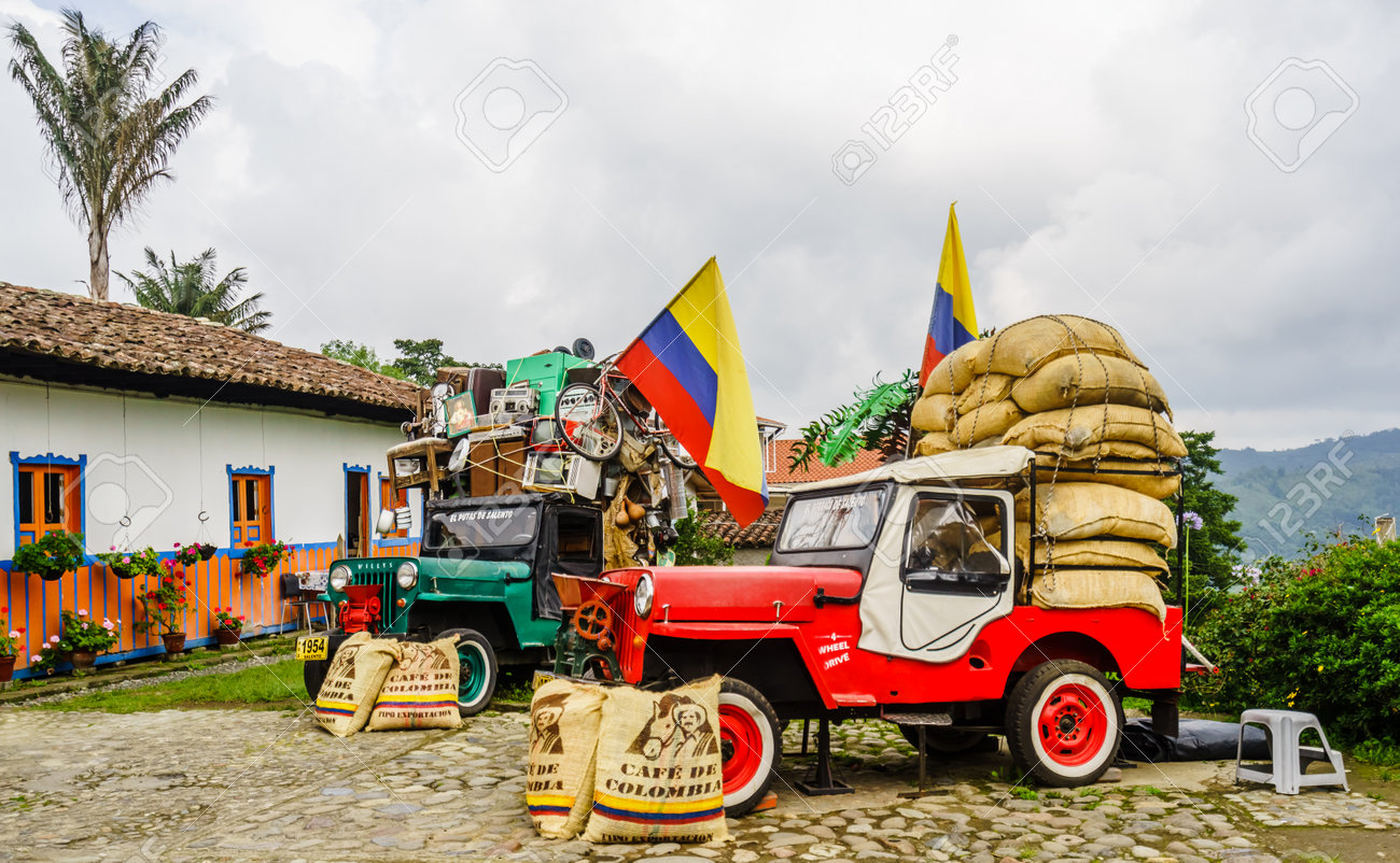 Willy jeeps in the village of Salneto next to the valley of Salento in Colombia on 21th March 2019 - 142308862 Willy jeeps in the village of Salneto next to the valley of Salento in Colombia on 21th March 2019 - 142308862