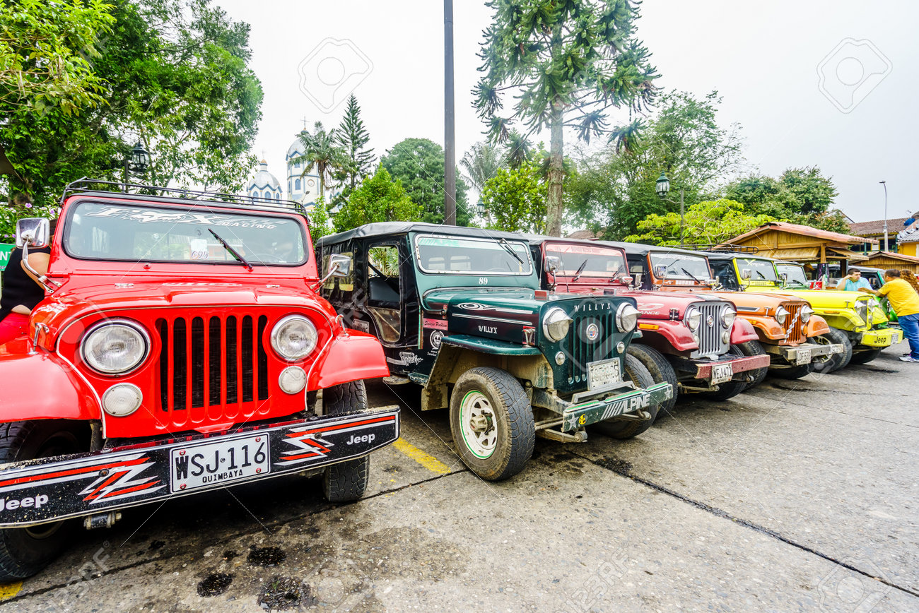 Willy jeeps in the village of Finlandia next to the valley of Salento in Colombia on 23th March 2019 - 142308868 Willy jeeps in the village of Finlandia next to the valley of Salento in Colombia on 23th March 2019 - 142308868