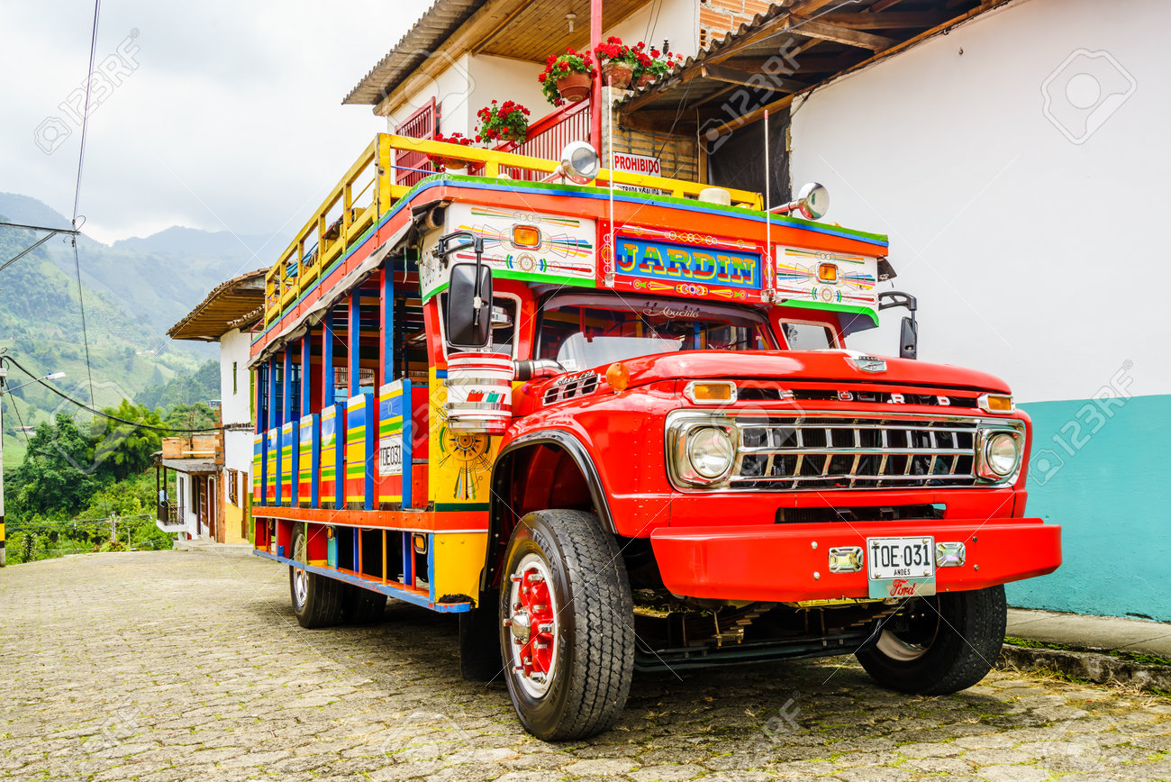 Jardin, COLOMBIA - 27th March 2019. Colorful traditional rural bus in Colombia called chiva - 142308867 Jardin, COLOMBIA - 27th March 2019. Colorful traditional rural bus in Colombia called chiva - 142308867