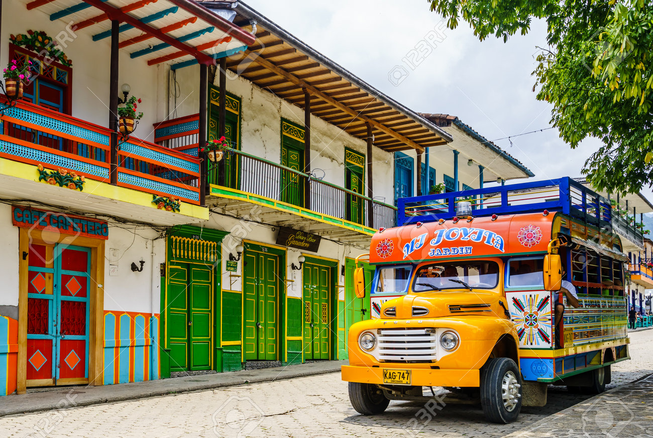 View on typical colorful chicken bus in Jardin, Antioquia, Colombia, South America on 27th March 2019 - 142308869 View on typical colorful chicken bus in Jardin, Antioquia, Colombia, South America on 27th March 2019 - 142308869