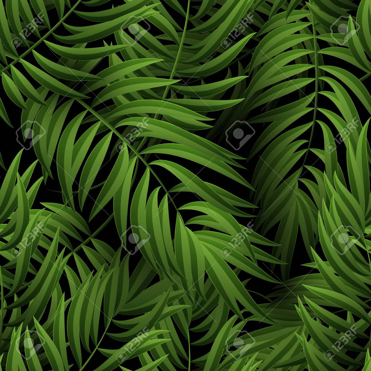 Seamless tropical jungle floral pattern with palm fronds. illustration. Green Palm leaves pattern on black background - 57247725 Seamless tropical jungle floral pattern with palm fronds. illustration. Green Palm leaves pattern on black background - 57247725