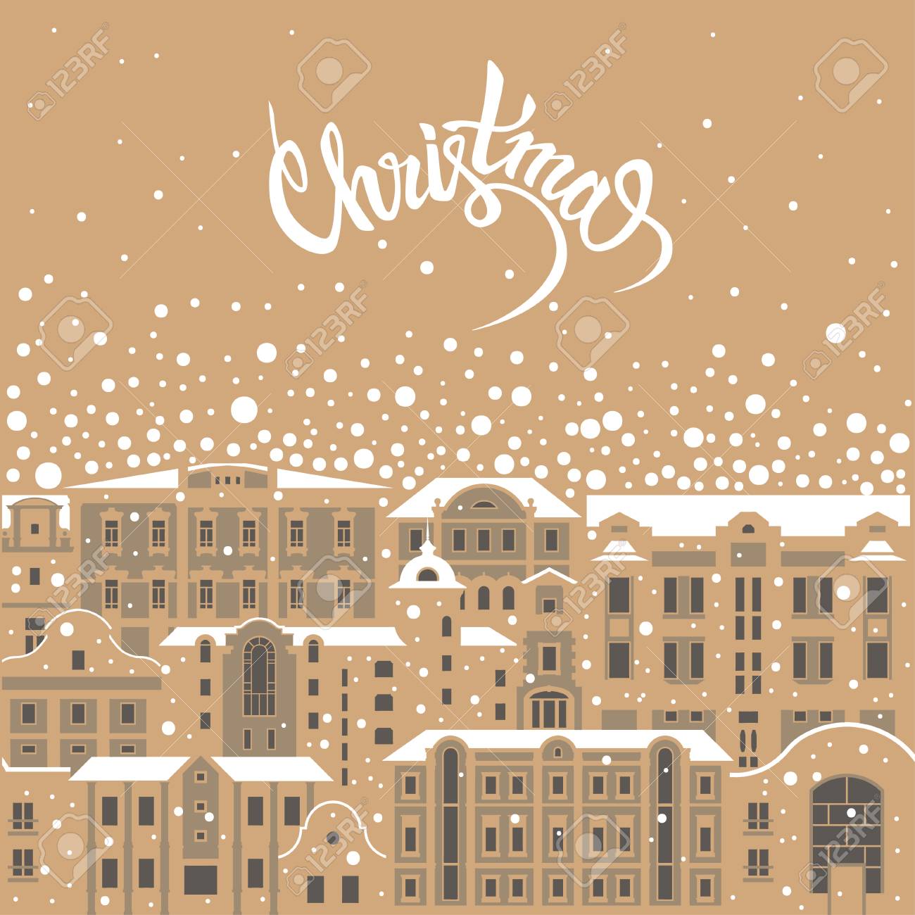 ヴィンテージベクトル年賀状 雪に覆われた屋根とベージュの背景に雪が落ちる古代の建物 手書き文字 クリスマス のイラスト素材 ベクタ Image