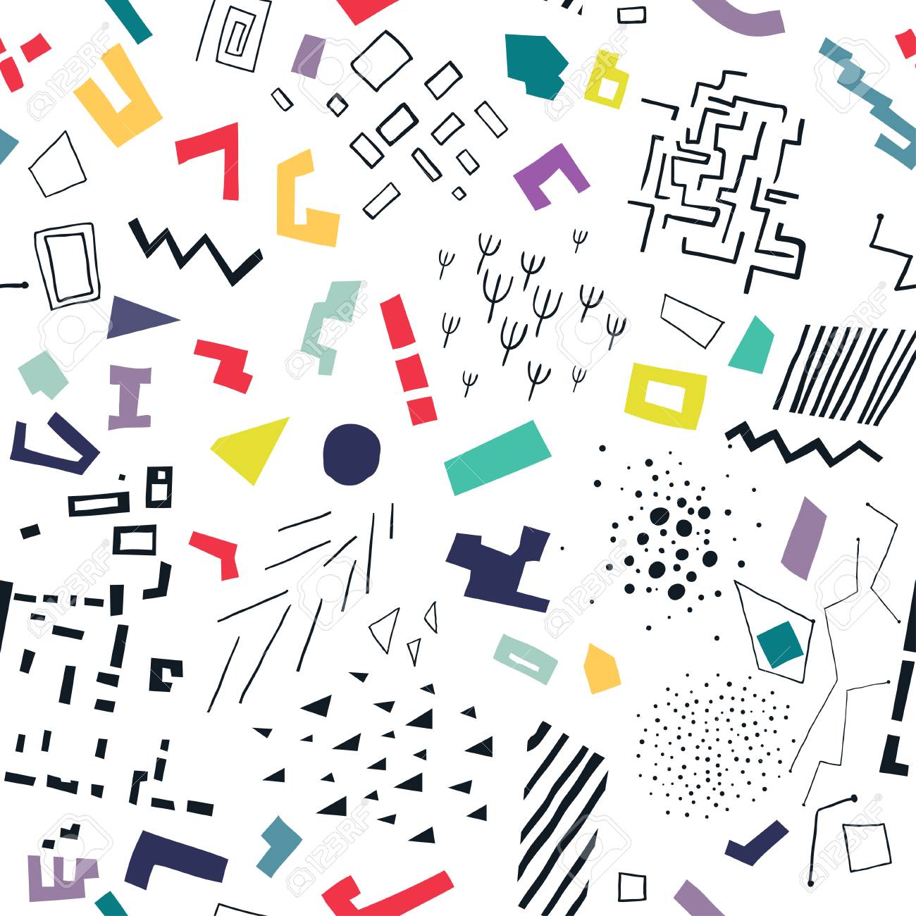Vector seamless pattern made of colorful flat shapes and black structures. - 118044206 Vector seamless pattern made of colorful flat shapes and black structures. - 118044206