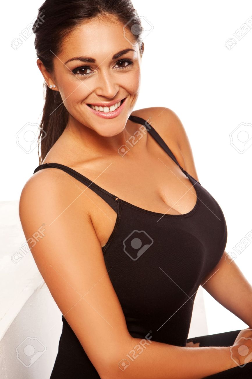 Beautiful Smiling Happy Woman With Large Breasts In Black Leotard