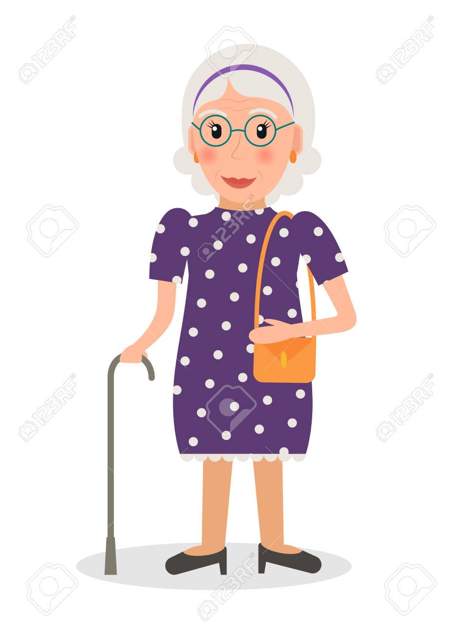 メガネとフラット スタイルの杖老婆 杖と高齢者の女性キャラクター のイラスト素材 ベクタ Image
